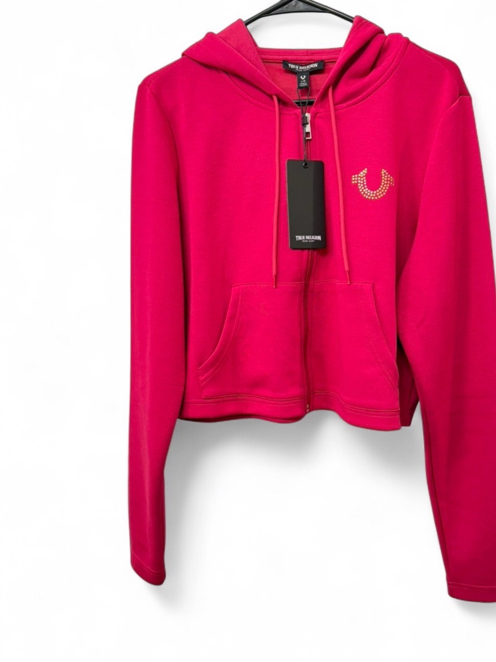 True Religion Cerise Cropped Shrunken Zip Up Hoodie L NWT